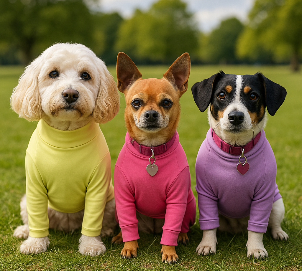 Dogs wearing biodegradable Poochi coats