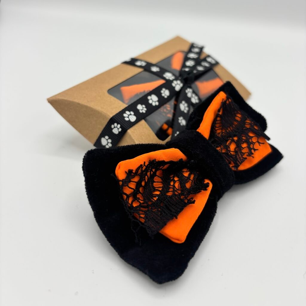 Black and orange Halloween dog bow with velvet backing and lace beside its gift box