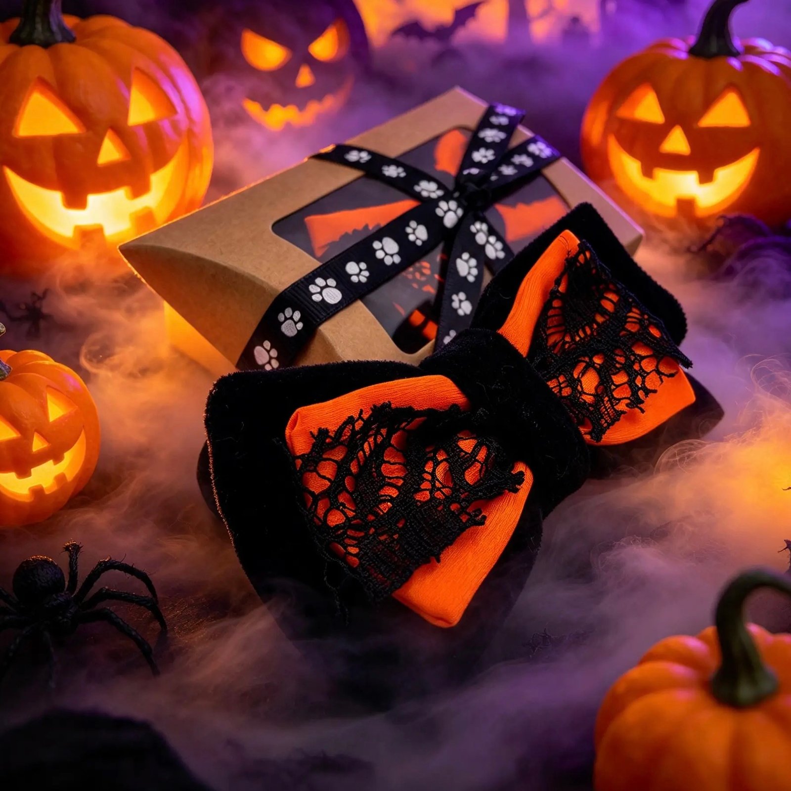 Black and orange Halloween dog bow and gift box in a Halloween scene with pumpkins